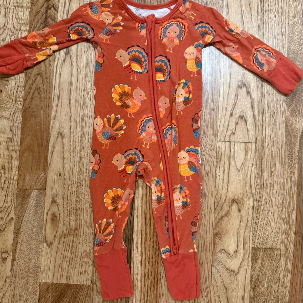 Little Sleepies Festive Turkey Print Footie - Red and Orange